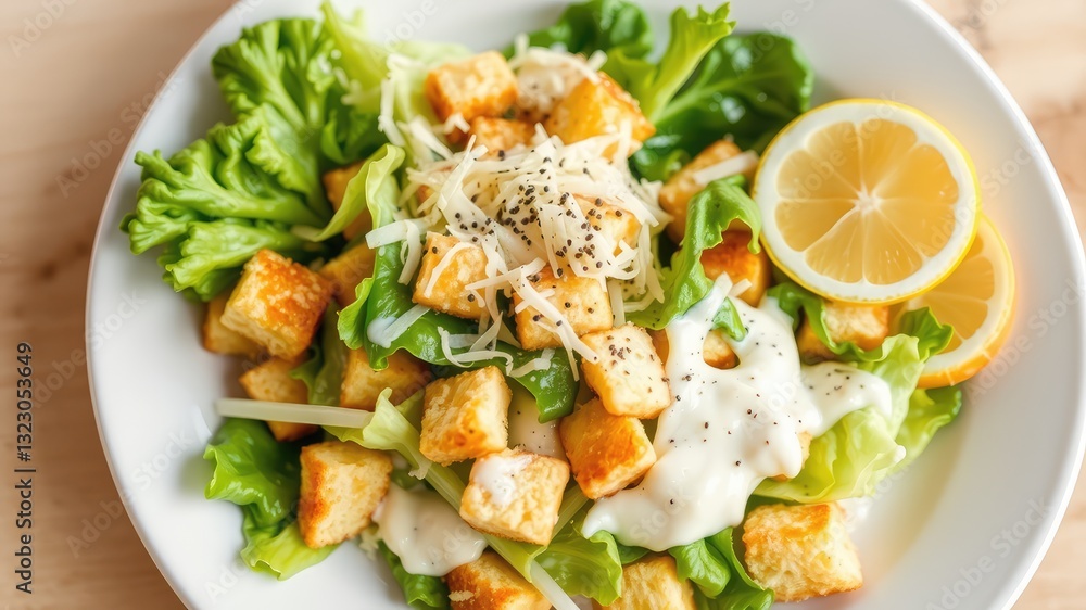 Salad with Shrimp, Healthy Homemade Caesar Salad with Lettuce and Crunchy Croutons Salad with Shrimp, Healthy Homemade Caesar Salad with Lettuce and Crunchy Croutons