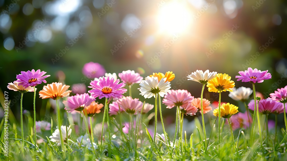 Fototapeta premium Vibrant Flowers Blooming Under Golden Sunlight in a Lush Garden