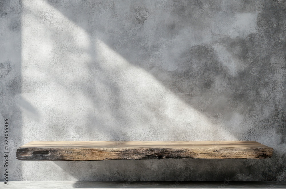 Rustic Wooden Shelf on Concrete Wall with Light Ray Display Rustic Wooden Shelf on Concrete Wall with Light Ray Display