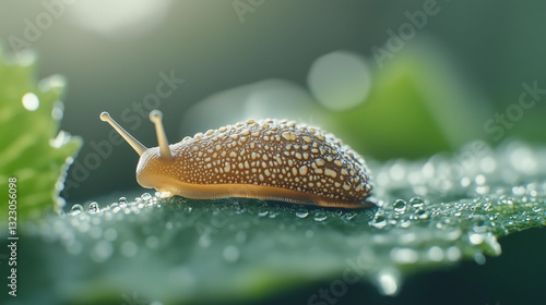 Snail on Dewy Leaf: A close...