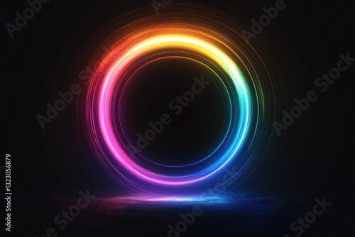 Abstract circle light trails, full frame. Neon futuristic glowing ring portal on dark background. Technology, glow, energy.