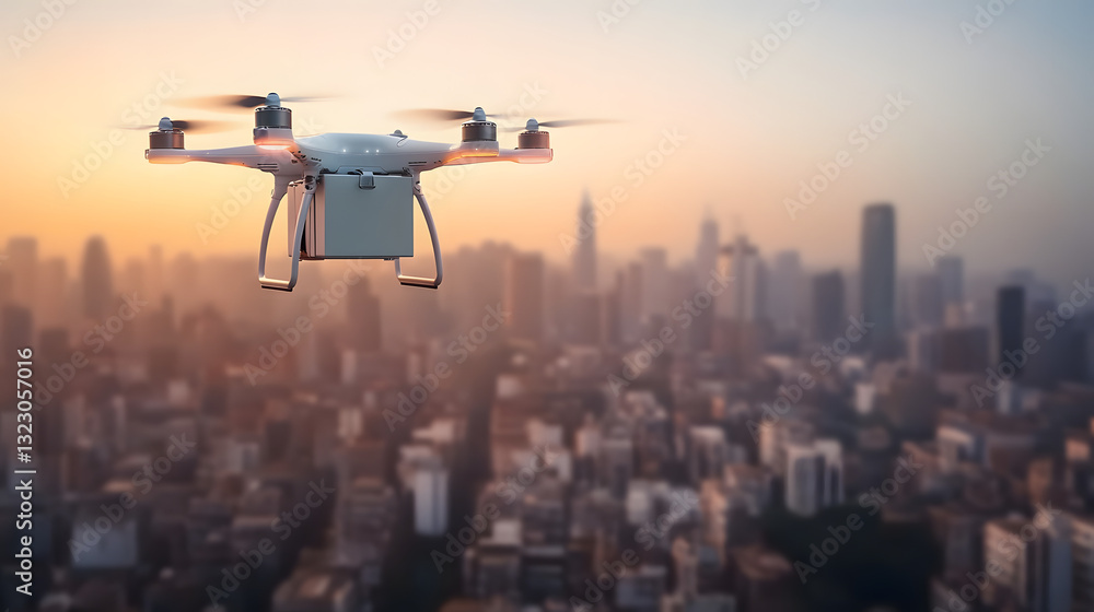 A drone is flying over a city at night with a box on its belly A drone is flying over a city at night with a box on its belly