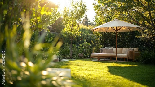 Relaxing Outdoor Garden Space with Comfortable Sofa and Sun Umbrella