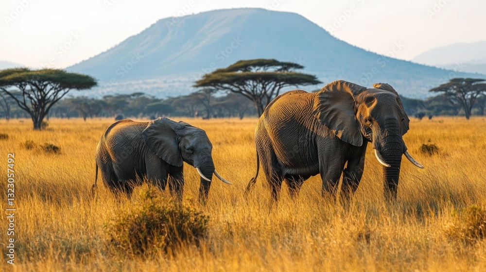 Fototapeta premium Adult and baby elephant in African savanna at sunset.