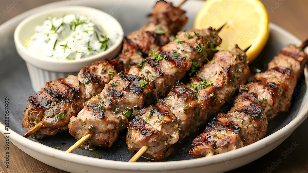 Grilled Pork Souvlaki Skewers Served with Fresh Lemon and Tzatziki Sauce in a Rustic Setting Grilled Pork Souvlaki Skewers Served with Fresh Lemon and Tzatziki Sauce in a Rustic Setting