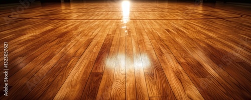 Detailed perspective view of a wooden basketball court floor surface