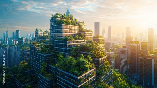 Obraz na płótnie Urban Green Architecture with Lush Vegetation on Skyscrapers at Sunset w salonie
