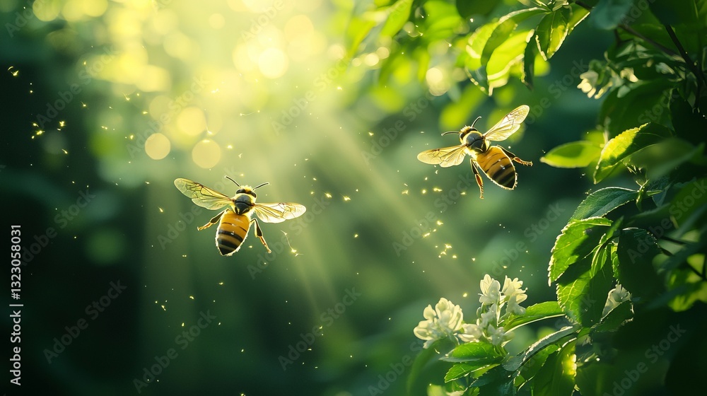 Enchanting Bees Flying Amidst Sunlit Greenery with Soft Bokeh Effect