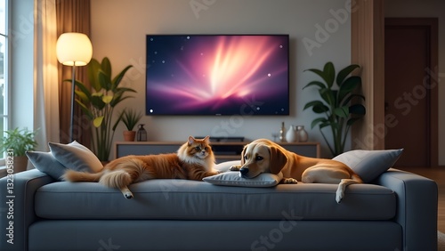 cat and dog sleeping in living room with tv