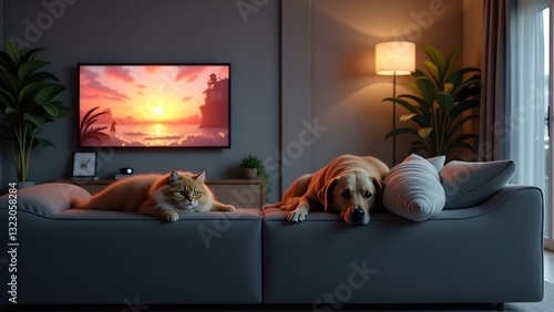 Cat and dog sleeping on sofa