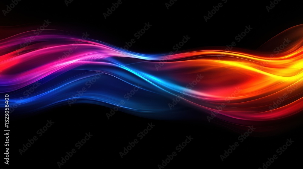 Fototapeta premium Abstract waves, vibrant color gradient, black background, close-up shot, smooth flow, modern art, energy, digital illustration, colorful pattern.