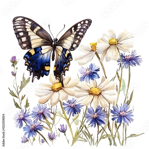 Watercolor Illustration of a Swallowtail Butterfly Amongst Daisies and Cornflowers. A beautiful springtime floral arrangement featuring delicate wildflowers and a vibrant butterfly.