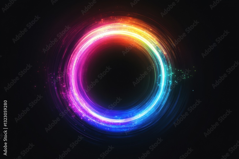 High-Angle Shot of Abstract Colorful Circle Light Trail on Black, Portal, Futuristic, Neon, Glow, Energy, Cosmic. High-Angle Shot of Abstract Colorful Circle Light Trail on Black, Portal, Futuristic, Neon, Glow, Energy, Cosmic.