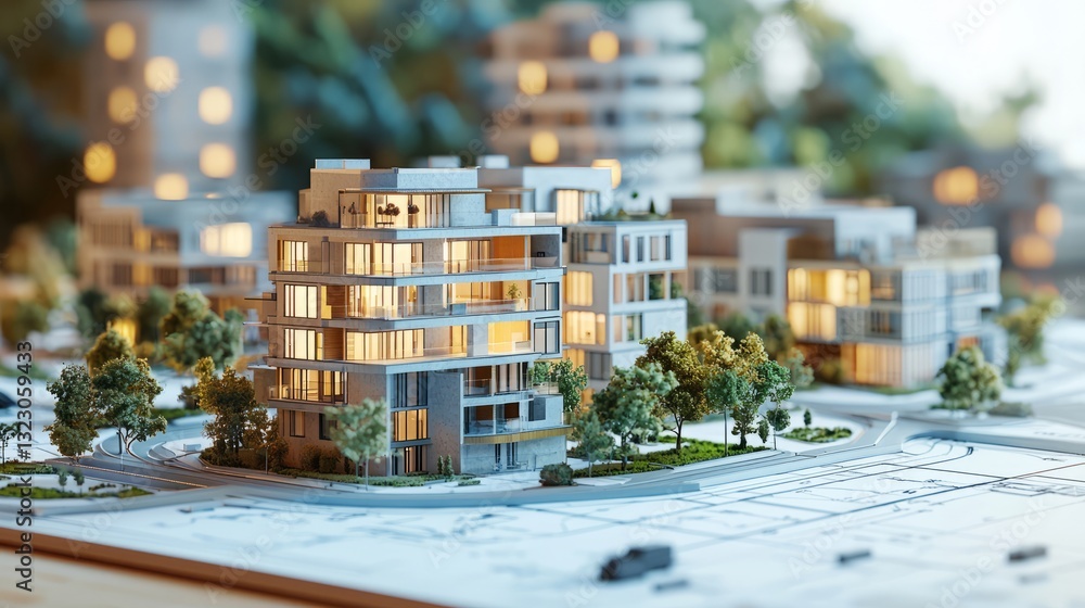 Modern Architectural Model of Urban Residential Complex with Green Spaces