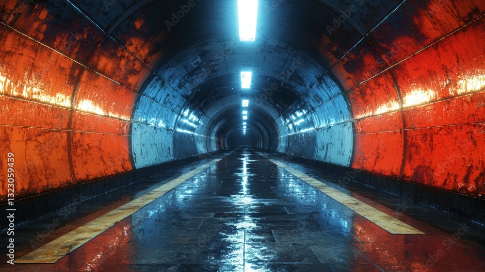 Drained Tunnel with Reflections and Vibrant Orange and Blue Lights