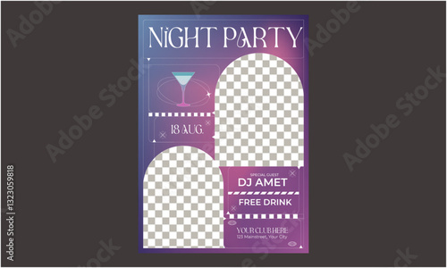 Night Party Flyer. Cocktail Party. Nightclub. Typography design. Set of flat vector illustrations. Poster, label, cover.
