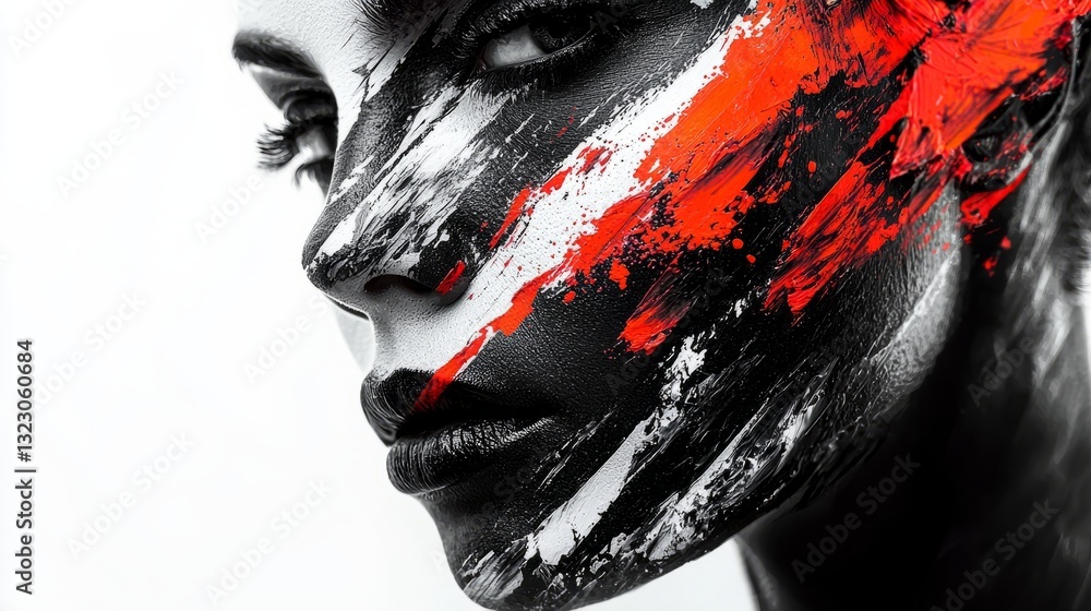Artistic Portrait of Woman with Bold Red and Black Face Paint Design