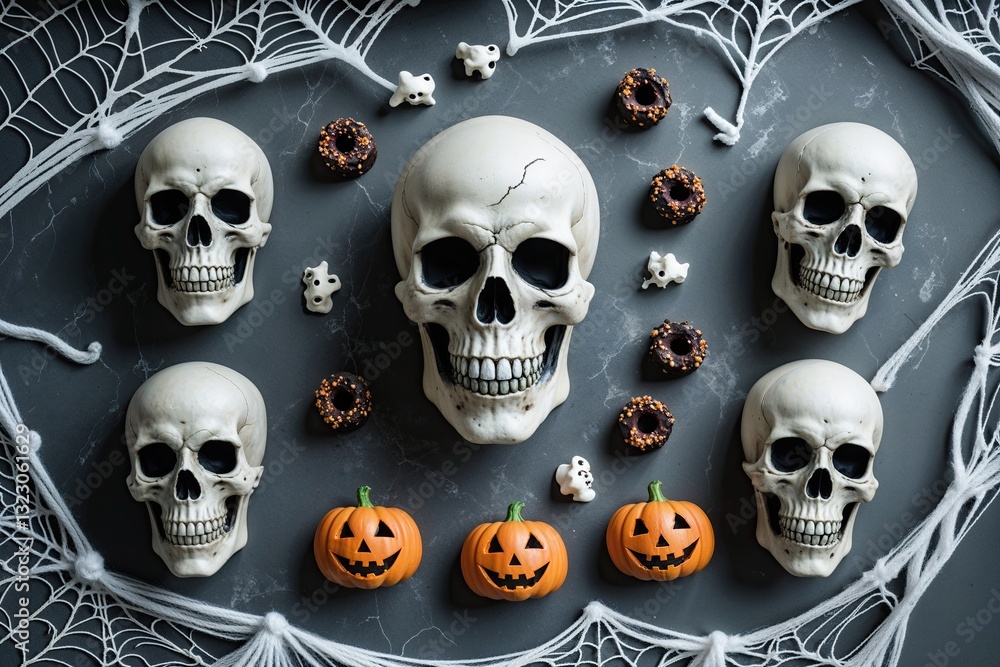 Halloween Flat Lay Mockup Featuring Eerie Skulls Spooky Treats and Creepy Webs on Ash Grey Background Halloween Flat Lay Mockup Featuring Eerie Skulls Spooky Treats and Creepy Webs on Ash Grey Background