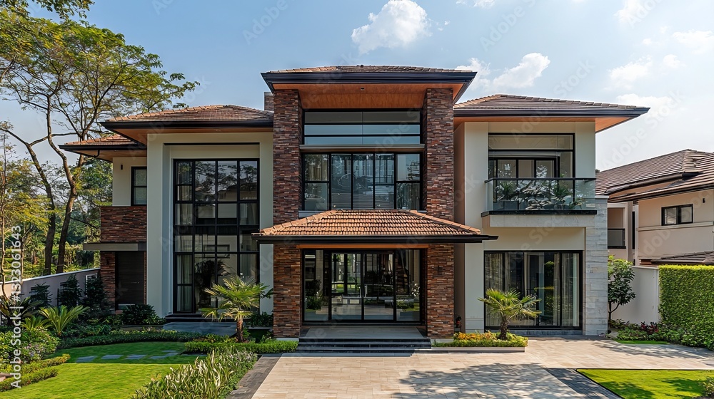 Elegant Modern House with Stone Facade and Lush Green Landscape