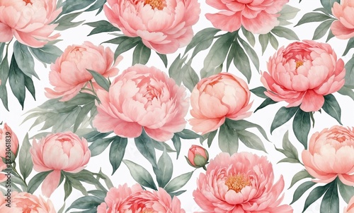 Watercolor peony floral pattern with pink flowers and green leaves