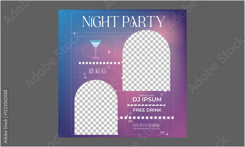 Night Party Socials Media. Cocktail Party. Nightclub. Typography design. Set of flat vector illustrations. Poster, label, cover.
