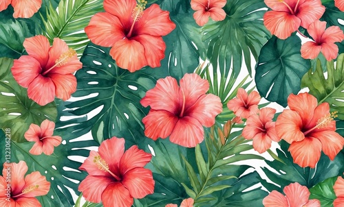 Watercolor painting of tropical hibiscus flowers and green palm leaves