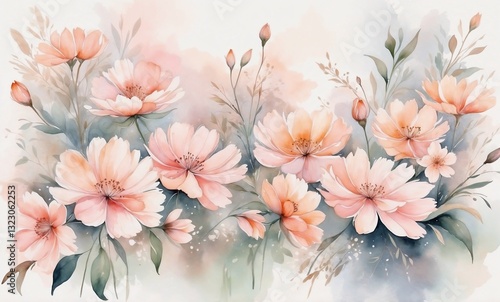 Wallpaper Mural Watercolor painting of delicate pastel flowers with soft greenery Torontodigital.ca