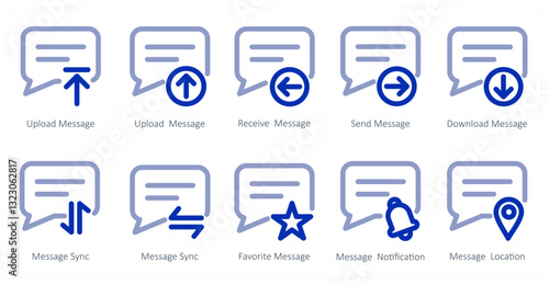 A set of 10 micro icons as upload message, receive message, send message