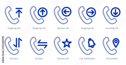 A set of 10 micro icons as outgoing call, receive call, incoming call