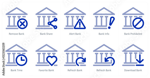 A set of 10 micro icons as remove bank, bank share, alert bank