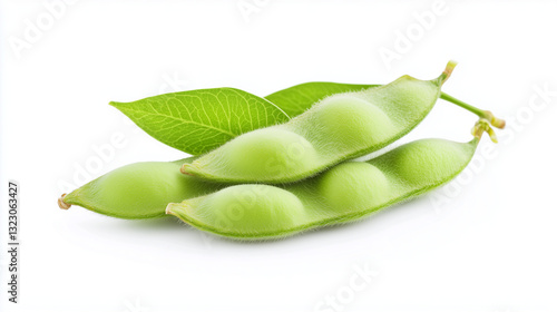 Edamame Pods with Leafs: Fresh, vibrant edamame pods with lush green leaves, capturing the essence of natural goodness and culinary appeal.