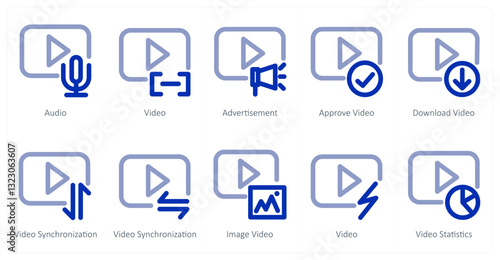 A set of 10 micro icons as audio, video, advertisement