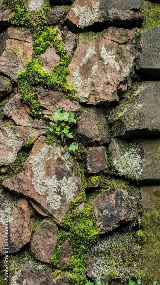 Natural moss growth on ancient stone wall showcases resilient plant life thriving in historic setting