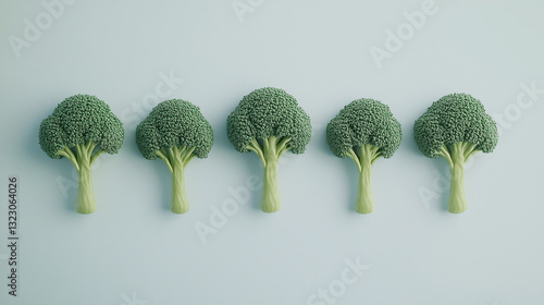 Fresh Broccoli: A close-up, top-down shot of five fresh, vibrant green broccoli florets neatly arranged on a light-colored backdrop.