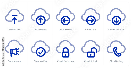A set of 10 micro icons as cloud upload, cloud receive, cloud send
