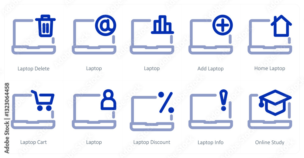A set of 10 micro icons as laptop delete, laptop, add laptop A set of 10 micro icons as laptop delete, laptop, add laptop