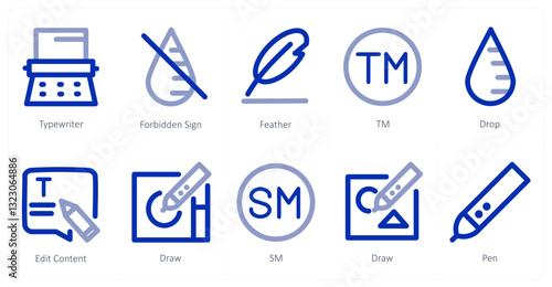 A set of 10 micro icons as typewriter, forbidden sign, feather