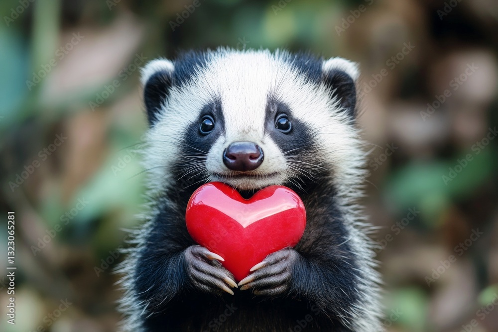 Fototapeta premium Marketing animal conceptual art layout. Badger - my cherished animal. Cute badger baby with diamond red heart on in a natural habitat. Romantic wildlife photography. Wild romance captured.