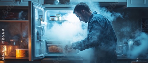Refrigerator repairman fixing open fridge in kitchen appliance service indoor close-up cooling issues