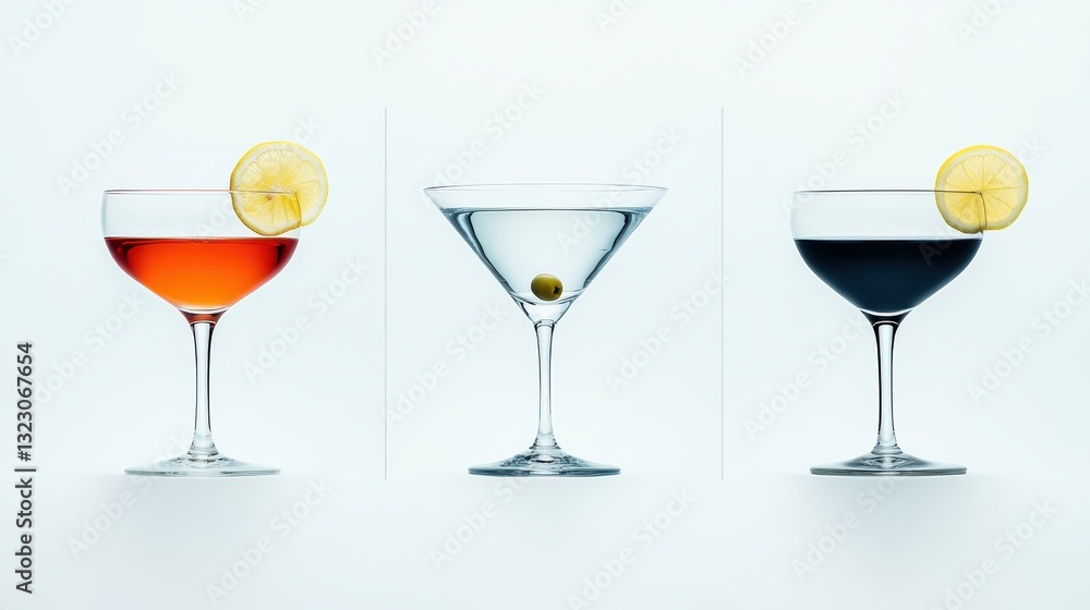 Three different cocktails in coupe glasses, reflection on the glass, olives and lemon slices, minimalist set design, elegant atmosphere, volumetric lighting, Over white Studio Background. Three different cocktails in coupe glasses, reflection on the glass, olives and lemon slices, minimalist set design, elegant atmosphere, volumetric lighting, Over white Studio Background.