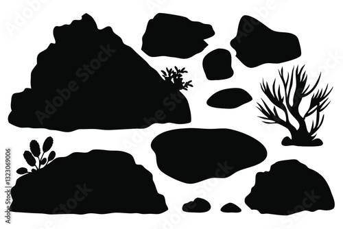 Black rock specimen silhouettes set isolated flat vector illustration on white background.