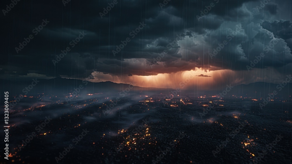 Naklejka premium Lightning cuts through the abstract night sky. Dark clouds churn, signaling the storm's presence.