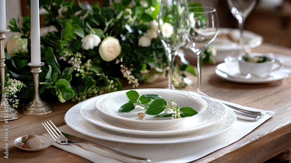 Fototapeta premium Elegant Table Setting with Fresh Greenery and Fine Dinnerware
