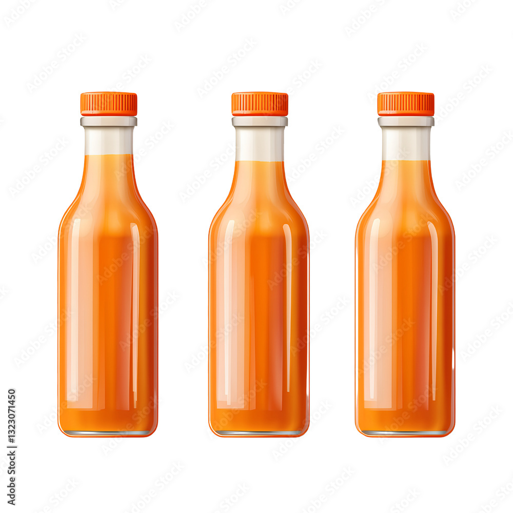 Set of three orange sauce bottle mockups, isolated on a transparent background Set of three orange sauce bottle mockups, isolated on a transparent background