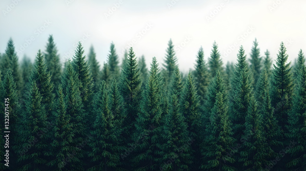 Lush Green Evergreen Forest with Dense Tree Canopy Under Cloudy Sky