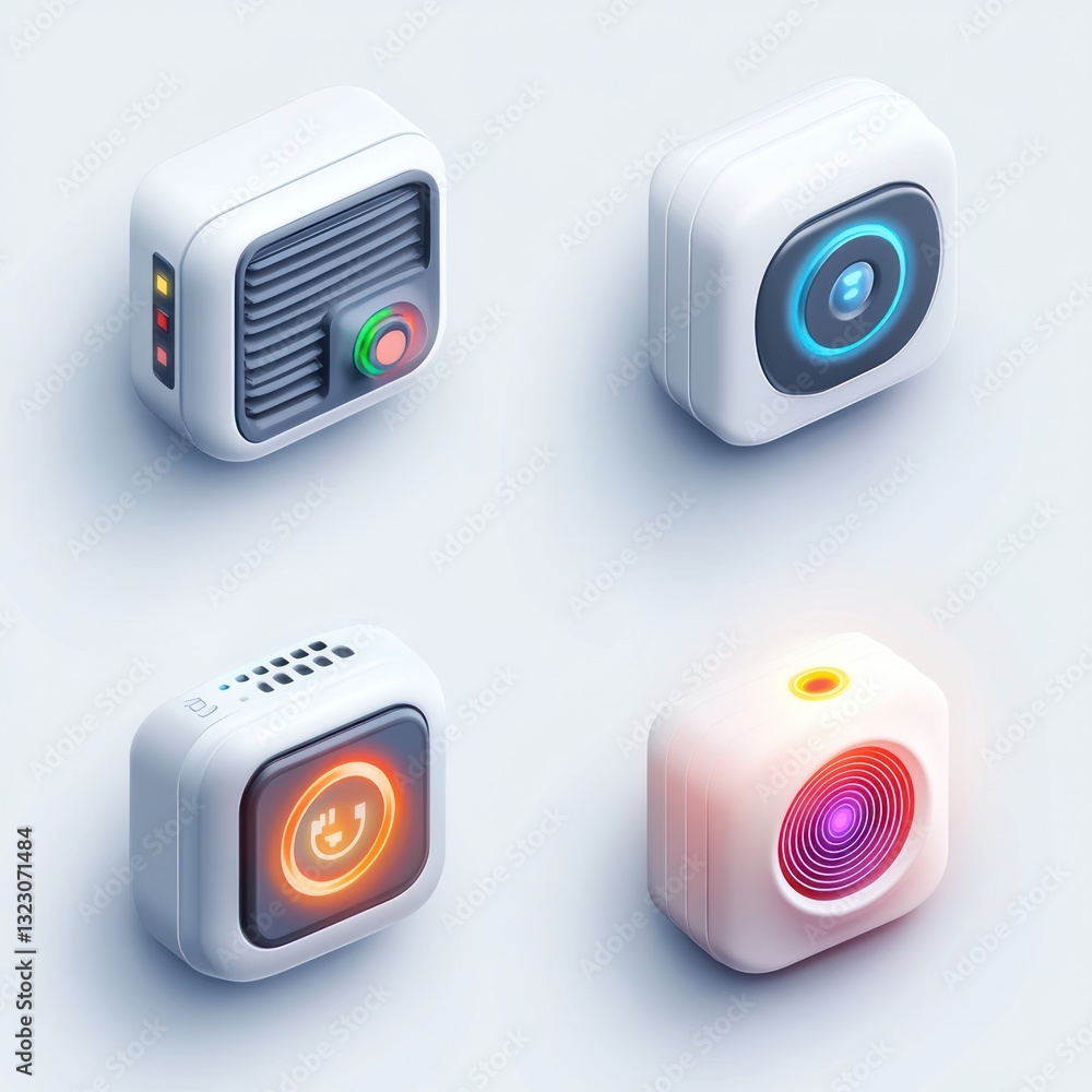 Four futuristic, white, square electronic devices, possibly cameras or communication hubs, each with distinctive features Four futuristic, white, square electronic devices, possibly cameras or communication hubs, each with distinctive features