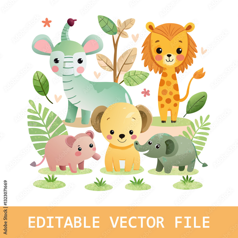 Naklejka premium A cheerful set of African animals painted in watercolor, isolated on a white background. Safari wildlife featuring a lion, hippo, elephant, and giraffe, perfect for decorating baby showers