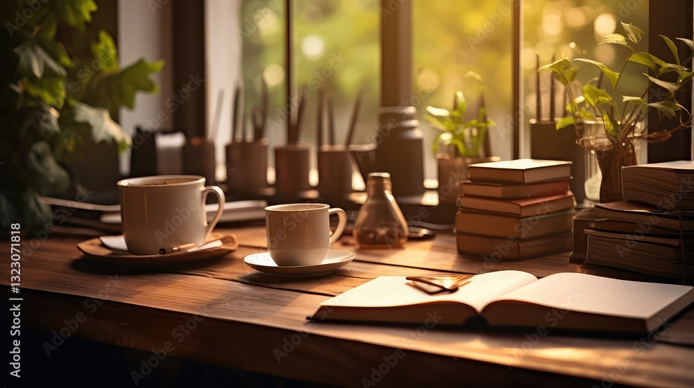 cozy desk with coffee cozy desk with coffee