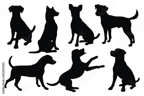 Pet dog pose silhouettes set isolated flat vector illustration on white background.