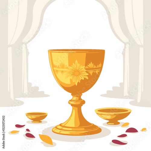 Golden ceremonial chalice with floral engravings on white surface, reverence
